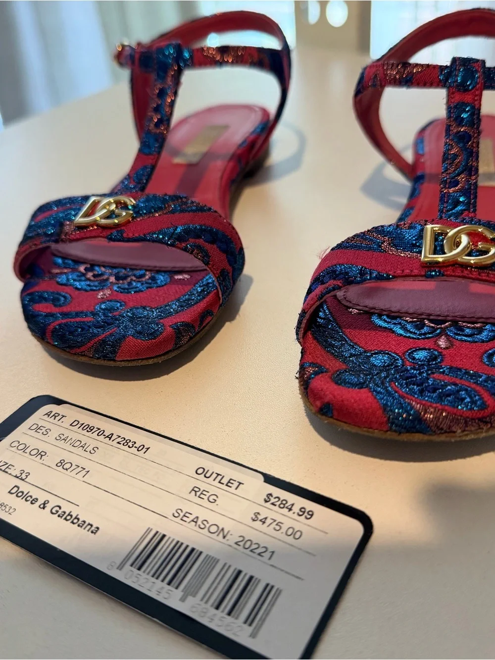 Dolce & Gabbana Red and Blue Embroidered T-Strap Sandals with Gold DG Accent